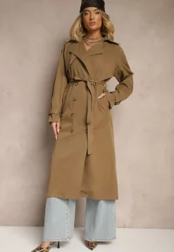 Brązowo-Zielony Płaszcz o Wydłużonym Fasonie Trencza z Guzikami i Paskiem Dennime