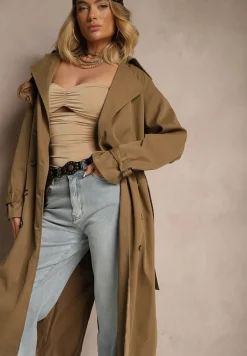 Brązowo-Zielony Płaszcz o Wydłużonym Fasonie Trencza z Guzikami i Paskiem Dennime