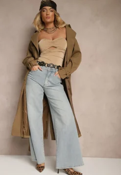 Brązowo-Zielony Płaszcz o Wydłużonym Fasonie Trencza z Guzikami i Paskiem Dennime