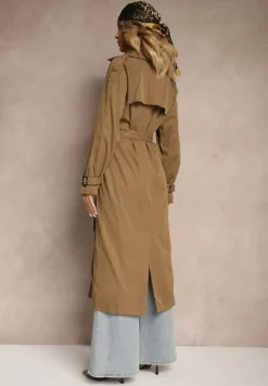 Brązowo-Zielony Płaszcz o Wydłużonym Fasonie Trencza z Guzikami i Paskiem Dennime