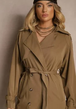 Brązowo-Zielony Płaszcz o Wydłużonym Fasonie Trencza z Guzikami i Paskiem Dennime