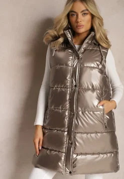 Brązowo-Złota Kamizelka z Pikowaniem i Kapturem Brisel