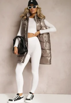 Brązowo-Złota Kamizelka z Pikowaniem i Kapturem Brisel