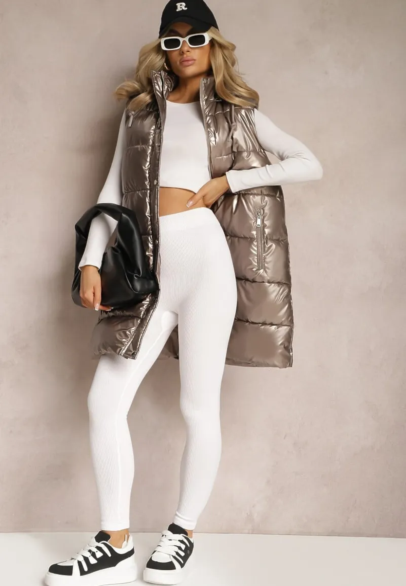 Brązowo-Złota Kamizelka z Pikowaniem i Kapturem Brisel