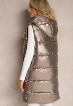 Brązowo-Złota Kamizelka z Pikowaniem i Kapturem Brisel