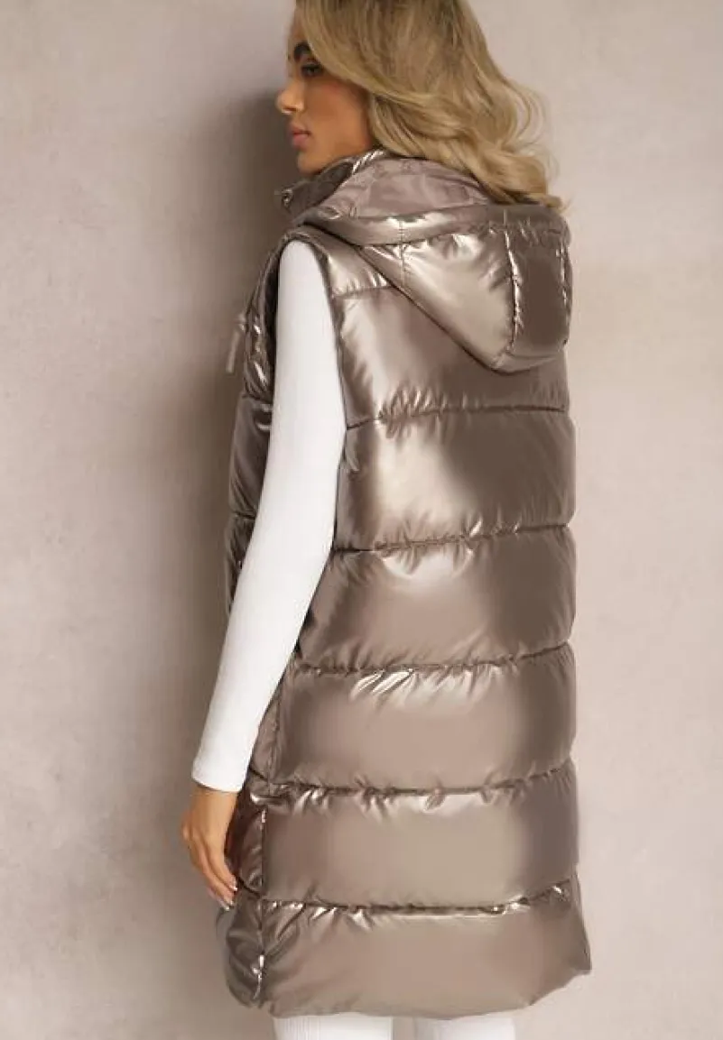 Brązowo-Złota Kamizelka z Pikowaniem i Kapturem Brisel