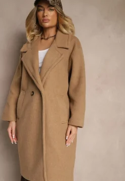Brązowy Dwurzędowy Płaszcz Oversize z Wełną Spolete