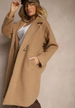 Brązowy Dwurzędowy Płaszcz Oversize z Wełną Spolete