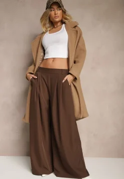 Brązowy Dwurzędowy Płaszcz Oversize z Wełną Spolete