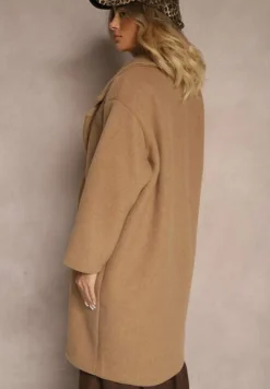 Brązowy Dwurzędowy Płaszcz Oversize z Wełną Spolete
