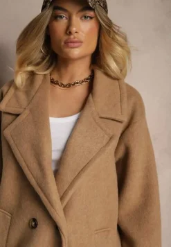 Brązowy Dwurzędowy Płaszcz Oversize z Wełną Spolete