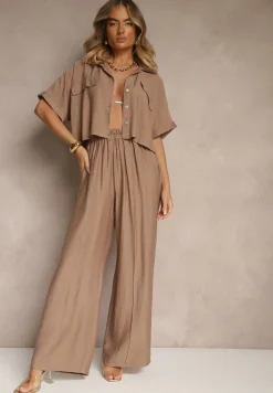 Brązowy 2-Częściowy Komplet z Wiskozy Koszula o Luźnym Kroju Szerokie Spodnie Velvitela