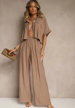 Brązowy 2-Częściowy Komplet z Wiskozy Koszula o Luźnym Kroju Szerokie Spodnie Velvitela