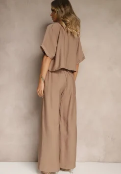 Brązowy 2-Częściowy Komplet z Wiskozy Koszula o Luźnym Kroju Szerokie Spodnie Velvitela