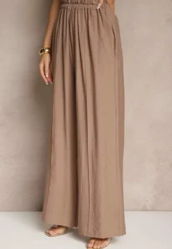Brązowy 2-Częściowy Komplet z Wiskozy Koszula o Luźnym Kroju Szerokie Spodnie Velvitela