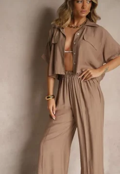 Brązowy 2-Częściowy Komplet z Wiskozy Koszula o Luźnym Kroju Szerokie Spodnie Velvitela