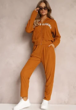 Brązowy 2-częściowy Prążkowany Komplet Dresowy z Bluzą i Spodniami Eirso