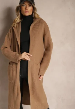 Brązowy Długi Kardigan Niezapinany z Bawełną Wełną Kapturem i Wsuwanymi Kieszeniami Zozira