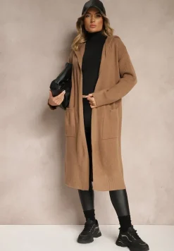 Brązowy Długi Kardigan Niezapinany z Bawełną Wełną Kapturem i Wsuwanymi Kieszeniami Zozira