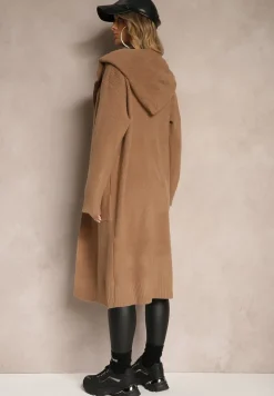 Brązowy Długi Kardigan Niezapinany z Bawełną Wełną Kapturem i Wsuwanymi Kieszeniami Zozira