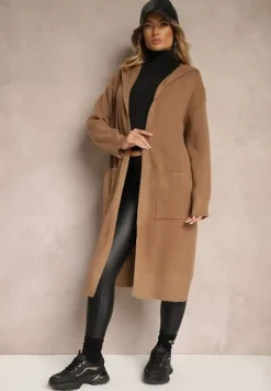 Brązowy Długi Kardigan Niezapinany z Bawełną Wełną Kapturem i Wsuwanymi Kieszeniami Zozira