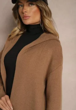 Brązowy Długi Kardigan Niezapinany z Bawełną Wełną Kapturem i Wsuwanymi Kieszeniami Zozira