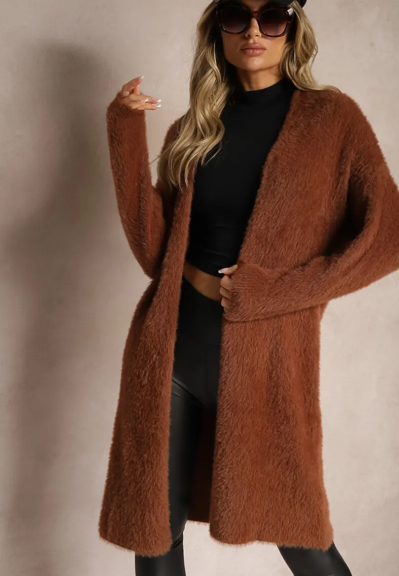 Brązowy Długi Kardigan Puchaty z Dodatkiem Wełny Mevasine