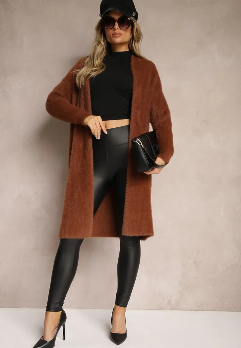 Brązowy Długi Kardigan Puchaty z Dodatkiem Wełny Mevasine