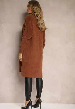 Brązowy Długi Kardigan Puchaty z Dodatkiem Wełny Mevasine