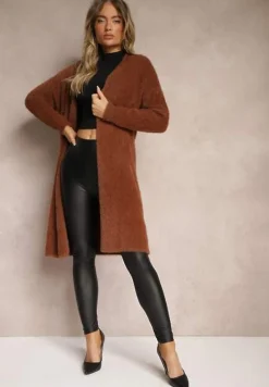 Brązowy Długi Kardigan Puchaty z Dodatkiem Wełny Mevasine