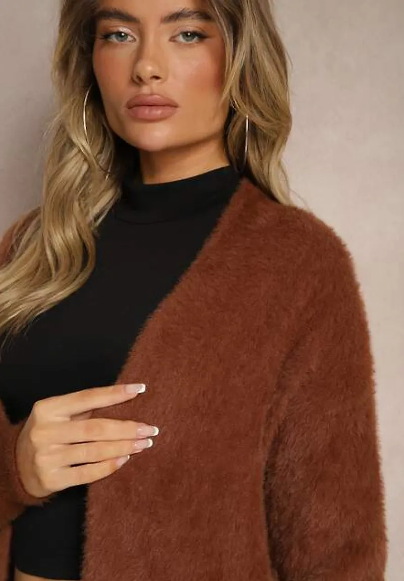 Brązowy Długi Kardigan Puchaty z Dodatkiem Wełny Mevasine