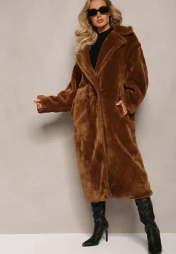 Brązowy Długi Płaszcz Futrzany Nlorre