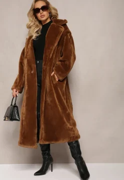 Brązowy Długi Płaszcz Futrzany Nlorre