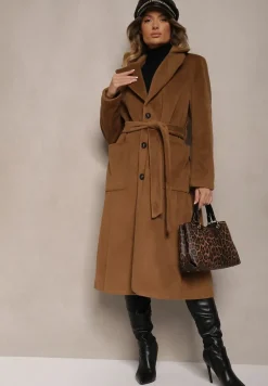 Brązowy Długi Płaszcz Jednorzędowy z Paskiem w Talii Zeneti