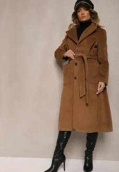 Brązowy Długi Płaszcz Jednorzędowy z Paskiem w Talii Zeneti