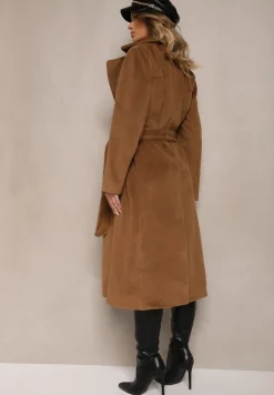 Brązowy Długi Płaszcz Jednorzędowy z Paskiem w Talii Zeneti