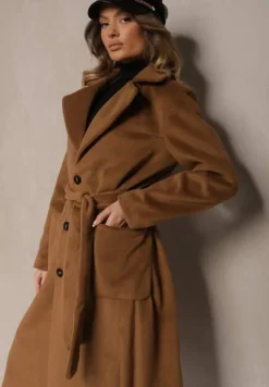 Brązowy Długi Płaszcz Jednorzędowy z Paskiem w Talii Zeneti