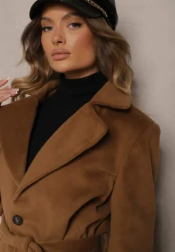 Brązowy Długi Płaszcz Jednorzędowy z Paskiem w Talii Zeneti