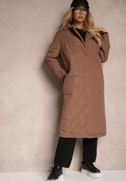 Brązowy Długi Płaszcz Kurtka Ozdobiona Pikowaniem Hamid