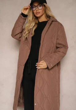 Brązowy Długi Płaszcz Kurtka Ozdobiona Pikowaniem Hamid