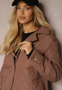 Brązowy Długi Płaszcz Kurtka Ozdobiona Pikowaniem Hamid