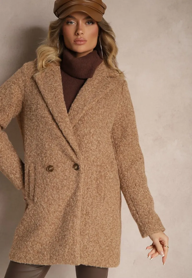 Brązowy Dwurzędowy Płaszcz Boucle z Kieszeniami Enathea