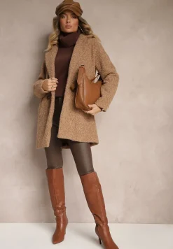 Brązowy Dwurzędowy Płaszcz Boucle z Kieszeniami Enathea