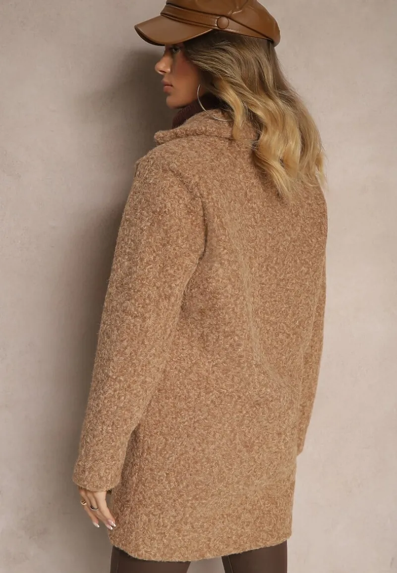 Brązowy Dwurzędowy Płaszcz Boucle z Kieszeniami Enathea