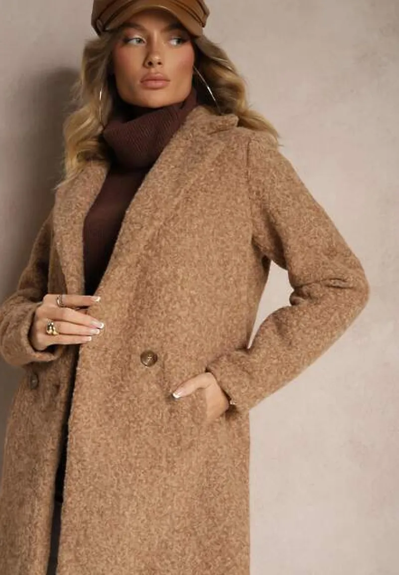 Brązowy Dwurzędowy Płaszcz Boucle z Kieszeniami Enathea