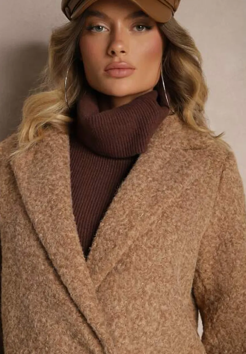 Brązowy Dwurzędowy Płaszcz Boucle z Kieszeniami Enathea