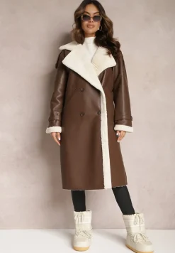 Brązowy Dwurzędowy Płaszcz Oversize z Imitacji Skóry i Futerkiem Vess