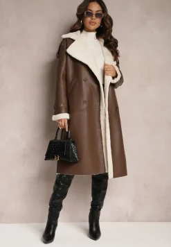 Brązowy Dwurzędowy Płaszcz Oversize z Imitacji Skóry i Futerkiem Vess