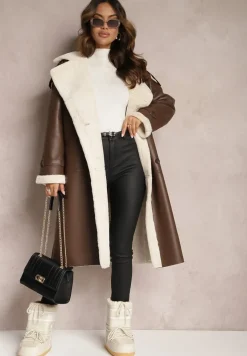 Brązowy Dwurzędowy Płaszcz Oversize z Imitacji Skóry i Futerkiem Vess