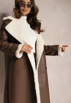 Brązowy Dwurzędowy Płaszcz Oversize z Imitacji Skóry i Futerkiem Vess